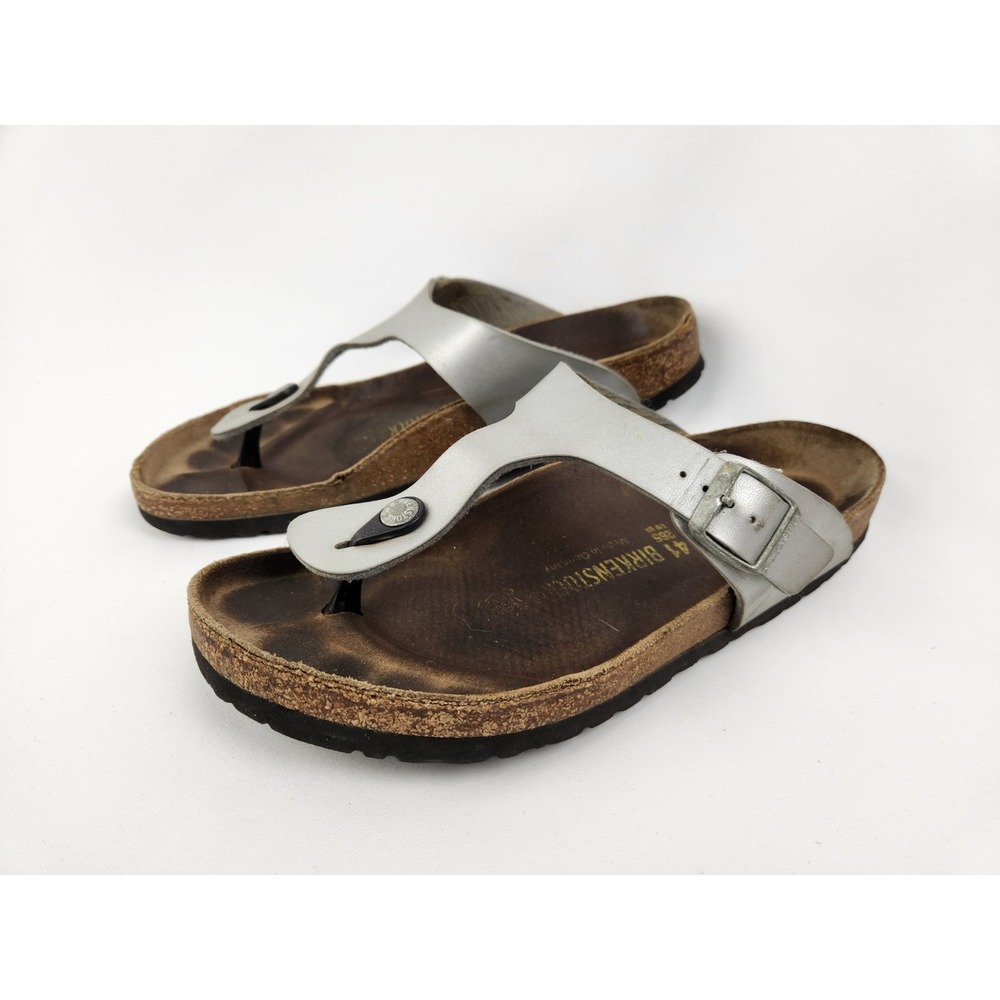 Birkenstock Gizeh Womens Silver Leather Slide Sandals, Size US 10 EU 41
